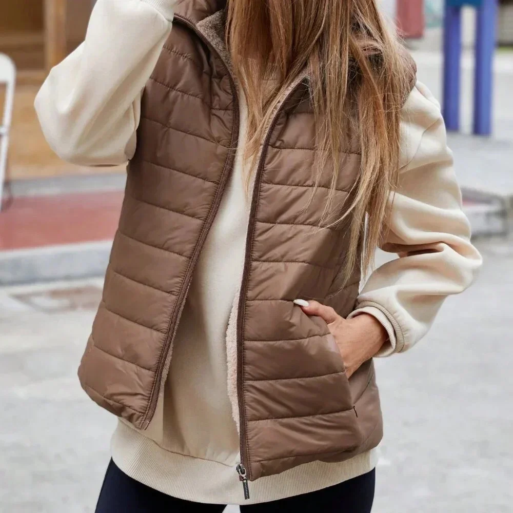 Coffee Brown Casual Women's Clothes Style Sleeveless Short Stand Collar Vest - Picture 6 of 6